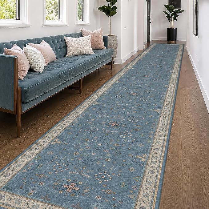 Hazo Haus Blue Boho 3x20 Extra Long Hallway Runner Rug - Non Slip Waterproof Kitchen Floor Mat - Modern Eclectic Floral Design Décor
