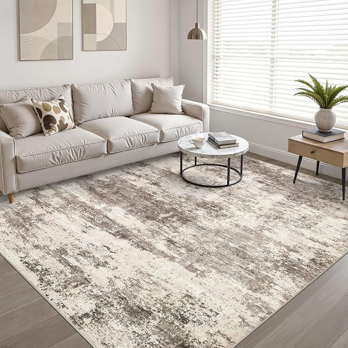 8x10 Area Rugs Living Room: Washable Large Neutral Rug Abstract Soft Modern Stain Resistant Indoor Floor Non-Slip Carpet for Bedroom Nursery Kids Office Playroom Dining Room Under Table- Mocha Brown