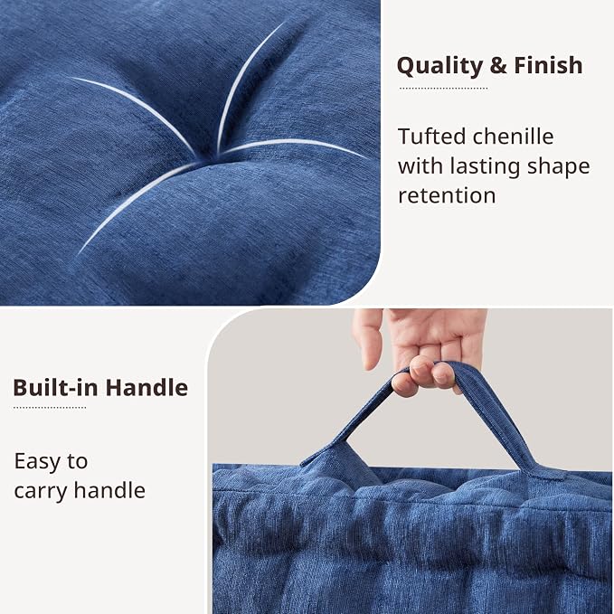 Intelligent Design Azza Floor Pillow, Large Cushions Sitting for Adults, Floor Pillow for Meditation or Yoga, Lustrous Chenille Tufted with Scalloped Edges for Bench/Chair Cushion, 24"x24"x5" Navy