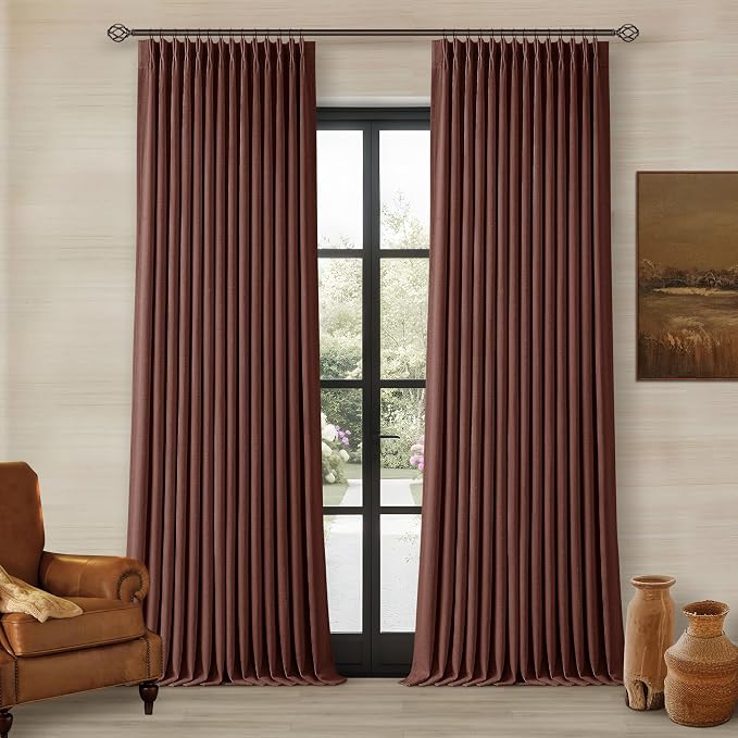 Chestnut Brown Linen Pinch Pleated Blackout Curtains 108 Inches Long for Bedroom Pleated 100% Black Out Drapes with Liner Rust Farmhouse Country Extra Long 108 Inch Curtain for Living Dining Room