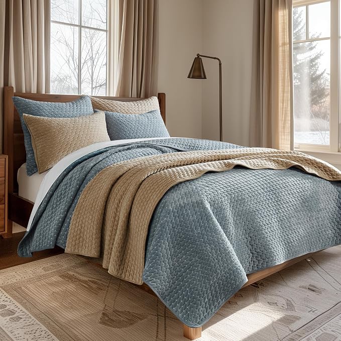 Levtex Home - Velvet Stitch Quilt Set - Twin Quilt and One Standard Sham - Cross Stitch Velvet - Taupe with White - Quilt (68x86in.) and Sham (20x26in.) - Reversible - Polyester