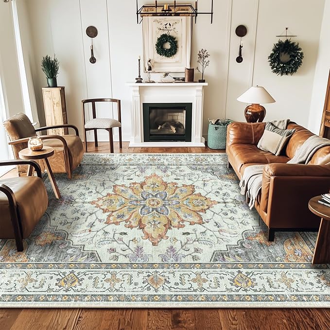 RELEANY Area Rugs 9'x12' Washable Non-Slip, Floral Vintage Distress Print Pattern Medallion Carpet for Living Room Bedroom Dining Room, Light Yellow Carbon Grey Orange