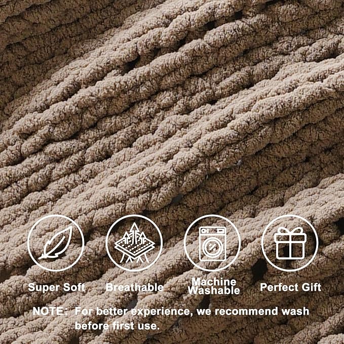 Battilo Beige Chunky Knit Throw Blanket, Soft and Thick Taupe Chenille Throw Blanket, 50"x60" Handmade Cable Knit Crochet Blanket, Cozy Knot Knitted Throw Blankets for Couch Home Decor, Taupe