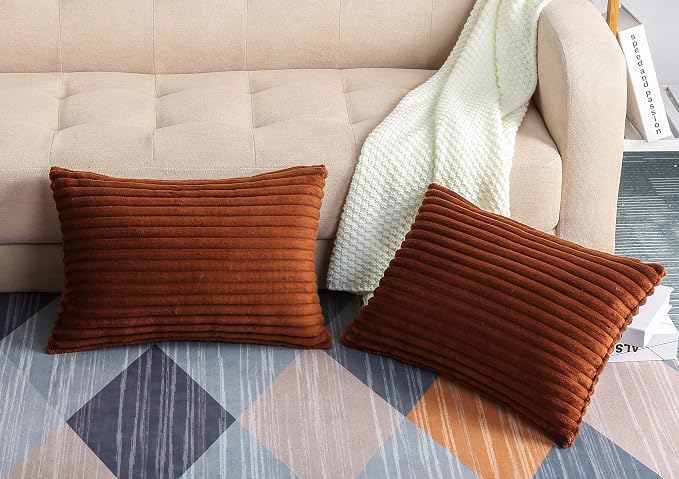 TangDepot Velvet Big Corduroy Pillow Covers 12x24 Chocolate 2-Pack | Soft wide-stripe corduroy pillow cover, hidden zipper, machine washable, easy refresh, for bedroom living room indoor outdoor