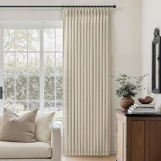 70 Inch Extra Wide Warm Beige Pinch Pleat Large Curtains 120 Inches Long for Dining Room, Memory Trained Light Filtering Linen Semi Sheer Boho Floor to Ceiling Windows Curtain 10FT Length 2 Panels Set