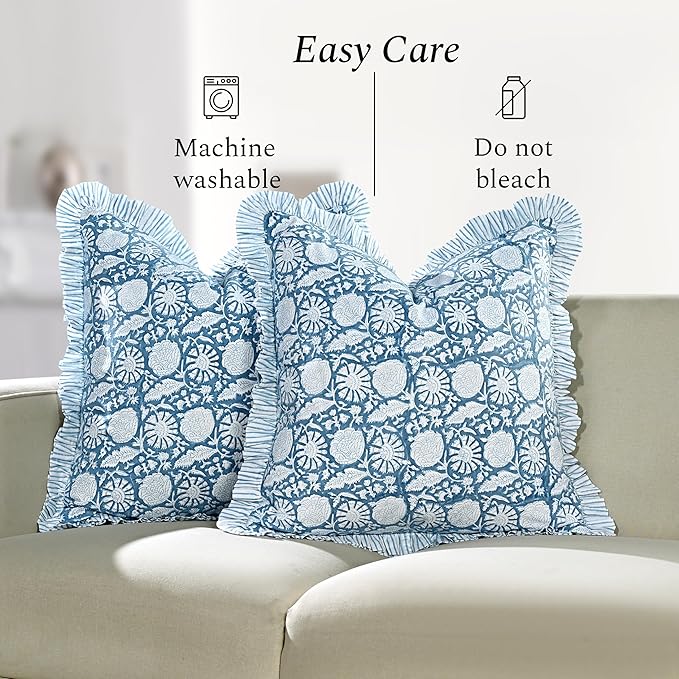 CPC Blue Meadow Hand Block Print 100% Cotton Ruffle Throw Pillow Cover 20x20 inch with Hidden Zipper Decorative for Couch, Bed, Sofa, Farmhouse, Cottagecore Decor Gift Christmas Fall Thanksgiving
