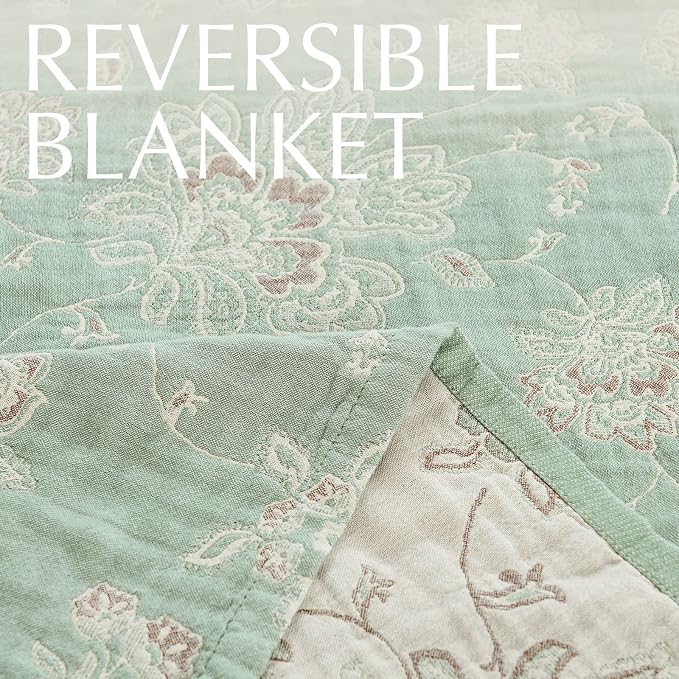 jinchan Boho 100% Cotton Muslin Twin Size 50x60 Inches Blanket Lightweight 4-Layer Quilted Soft Green and Beige Floral Throw Blanket Reversible Comfy Flower Breathable All Seasons Couch Bedroom Decor