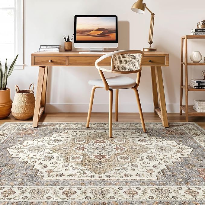 7x9 Area Rug Living Room: Washable Boho Large Neutral Vintage Soft Rugs Stain Resistant Farmhouse Non-Slip Indoor Floor Carpet for Bedroom Nursery Kids Playroom Office Dining Room- Orange Beige