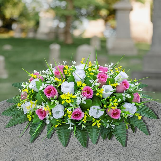 LVXINLI Artificial Cemetery Flowers Saddle-Shaped Tombstone Decorations Non-Fading UV-Resistant（Pink+White Saddle ）