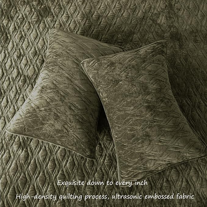Velvet Quilt Set Full Queen Size 90x98 Bedspread Soft Bedding Set 3 Pieces Neutral Luxury Comforter with 2 Pillow Shams 20x26 All Season for Bedroom Home Decor,Army Green