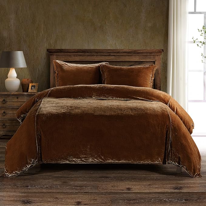HiEnd Accents Stella Faux Silk Velvet 3 Piece Duvet Cover Set with 2 Pillow Shams, Queen, Copper Brown, Romantic Western Modern Traditional Style Bedding, 1 Comforter Cover and 2 Pillow Cases