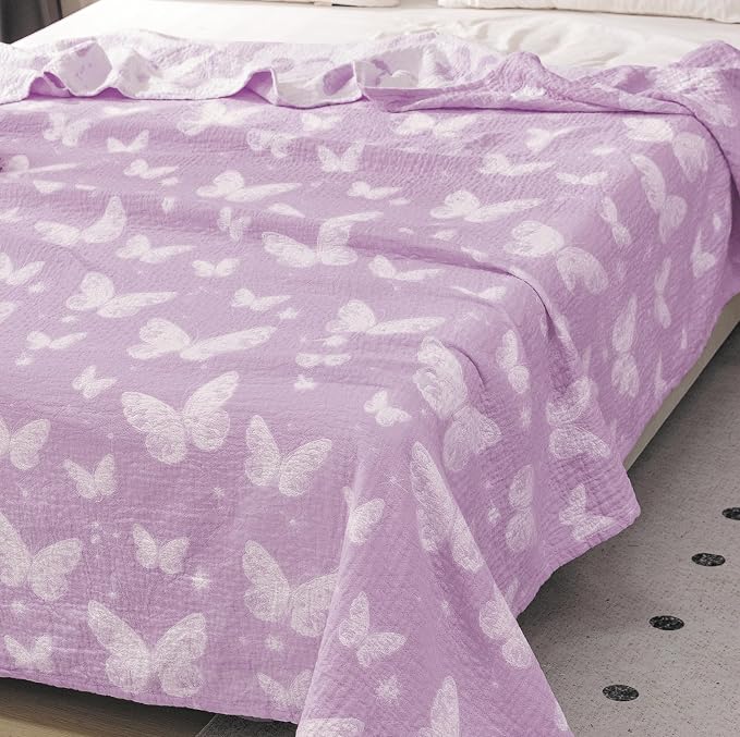 MEJU Dream Butterfly Violet Gentle Girls Muslin All Season Blanket for Bed Sofa Couch, 100% Combed Cotton 3 Layer Soft Throw Blanket Bed Cover Quilt Purple Butterfly Twin 60 in x 80 in