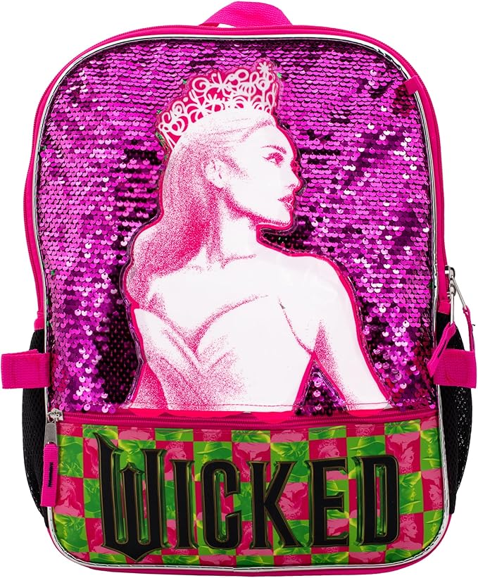 AI ACCESSORY INNOVATIONS Wicked 5 Piece Backpack Set, Galinda & Elphaba Flip Sequin Girls School Bag with Front Zip Pocket, 2 Side Mesh Pockets, Pink & Green