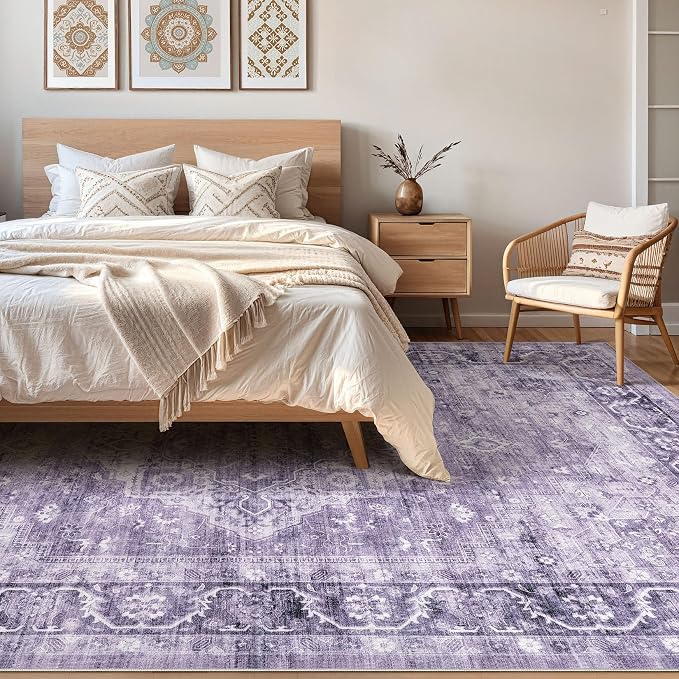 7x9 Area Rug Living Room: Washable Boho Large Neutral Vintage Soft Rug Stain Resistant Farmhouse Non-Slip Indoor Floor Carpet for Bedroom Nursery Kids Playroom Office Dining Room- Purple