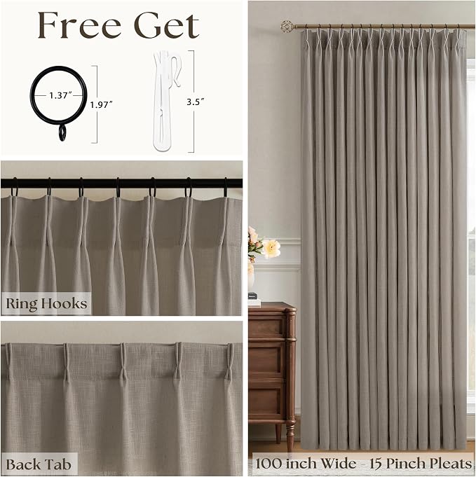 Pinch Pleated Linen 108 Inch Curtains 100 Inch Width for Living Room Divider Light Filtering Thick Taupe Linen Extra Wide Patio Curtains for Sliding Door Balcony Floor to Ceiling Window 1 Panel