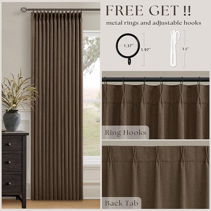 Dutch Cocoa 105 Inch Long Blackout Curtains Brown Thick Linen Pinch Pleated Curtains 2 Panels for Bedroom Living Room Darkening Light Blocking Pinch Pleat Back Tab 105 Inch Window Drapes Brown