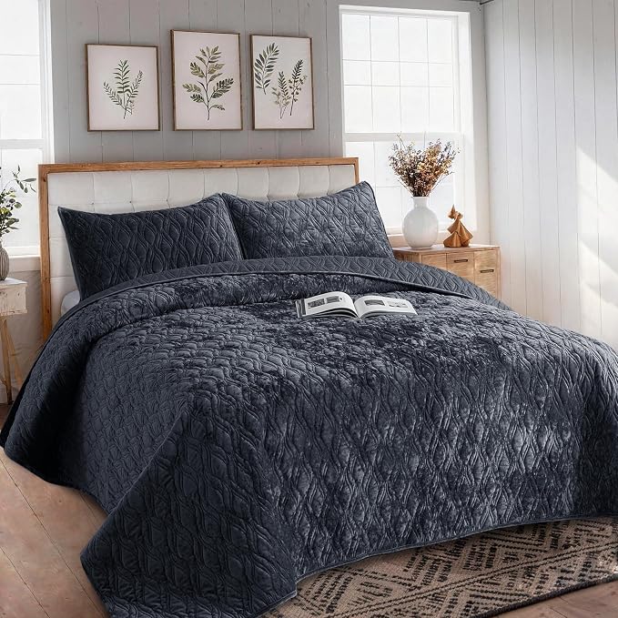 Velvet Quilt Set Full Queen Size 90x98 Bedspread Soft Bedding Set 3 Pieces Neutral Luxury Comforter with 2 Pillow Shams 20x26 All Season for Bedroom Home Decor,Blue Gray