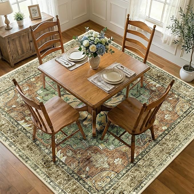RELEANY Area Rugs Square 7ft Washable Non-Slip, Floral Vintage Distress Print Pattern Medallion Carpet for Living Room Bedroom Dining Room, Brick Red Rust Neutral Brown Burnt Orange Green