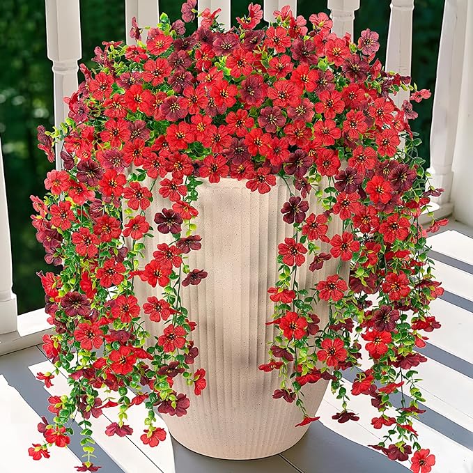 Hrobek Artificial Fake Hanging Plants Flowers for Spring Outdoor Outside Decor, Faux Mums Silk Realistic Flower, 2 Pcs UV Resistant Look Real Plastic Decorations for Porch Home Patio Balcony Yard