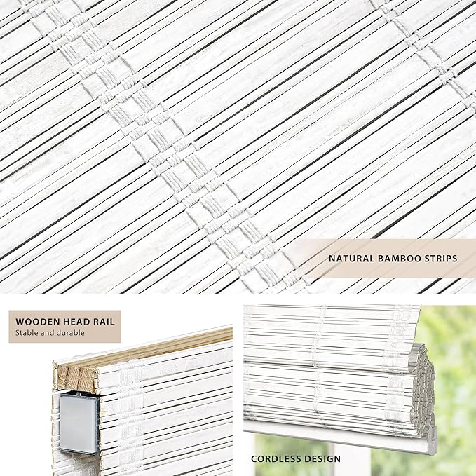 LazBlinds No Tools No Drill Cordless Bamboo Roman Shades, Light Filtering Window Treatment, Roll Up Bamboo Blinds for Windows 24'' W x 48'' H, Whitewash T