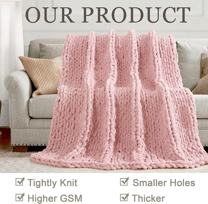 Chunky Knit Throw Blanket 60x80, 100% Handmade Chenille Yarn | 6.7lbs Soft Thick Cable Knitted Blankets, Large Rope Knot Crochet Throws for Couch Sofa Bed Machine Washable, Dusty Pink