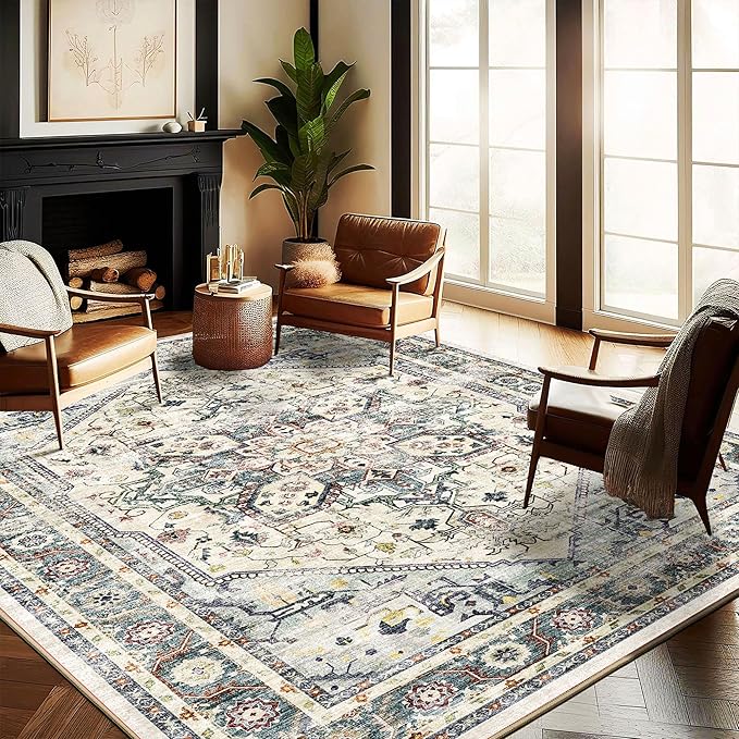 CHAMPLANT Washable Area Rug 8'x10' Cyan Khaki Retro Boho Design Non-Shedding Non-Slip Easy Care Ideal for High Traffic Areas in Living Room Bedroom Office Coffee Table Kitchen Large Carpet