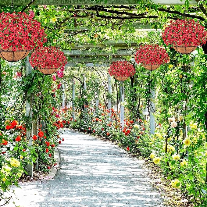 Ouddy Decor Artificial Hanging Flowers with Basket, Fake Hanging Plants with Faux Silk Flowers UV Resistant for Outdoors Indoors Spring Summer Porch Patio Balcony Yard Home Decorations, Red