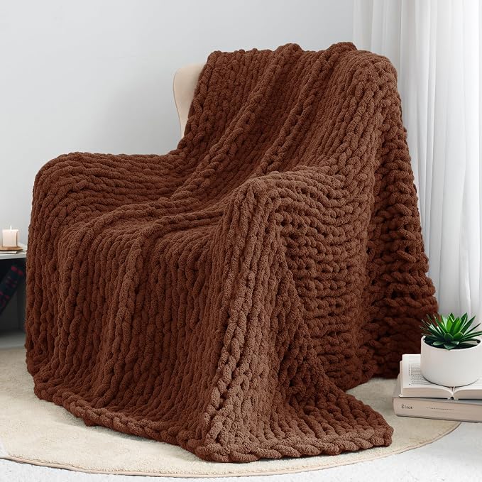 Chunky Knit Throw Blanket 60x80, 100% Handmade Chenille Yarn | 6.7lbs Soft Thick Cable Knitted Blankets, Large Rope Knot Crochet Throws for Couch Sofa Bed Machine Washable, Cocoa Brown
