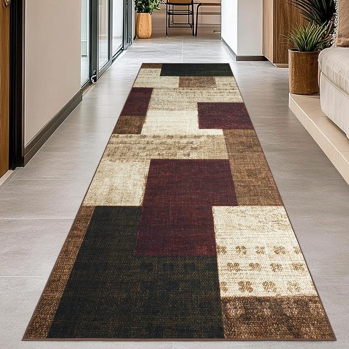 Modern Geometric Patchwork Indoor Runner Rug for Living Room, Red 2.7'x 8' Rug Rockwood Collection Hardwood Floors Decor for Bedroom, Burgundy Throw Carpet for Office Entryway Dining Room
