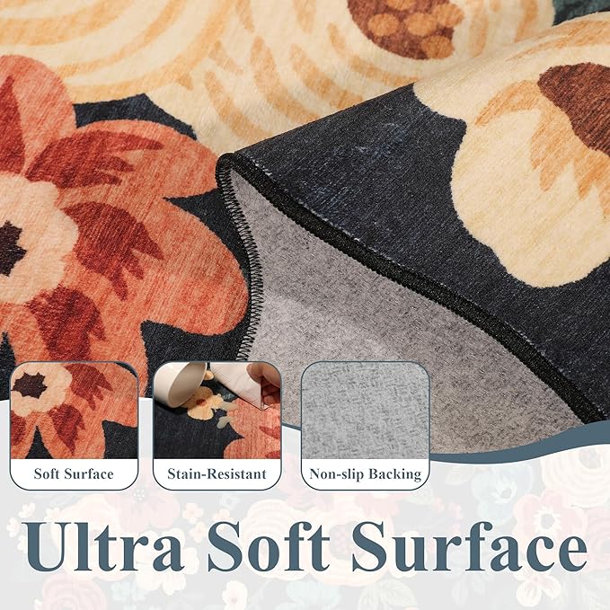 DUKINO 2x5 Washable Runner Rugs, Non Slip Floral Print Entryway Rug with Soft Low Pile, Lightweight Mat for Living Room, Bathroom, Bedroom, Kitchen, Navy Blue