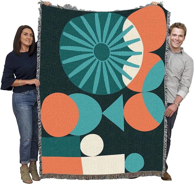 Pure Country Weavers Mod Shapes Teal Blanket - Mid Century Modern - Gift Tapestry Throw Woven from Cotton - Made in The USA (72x54)