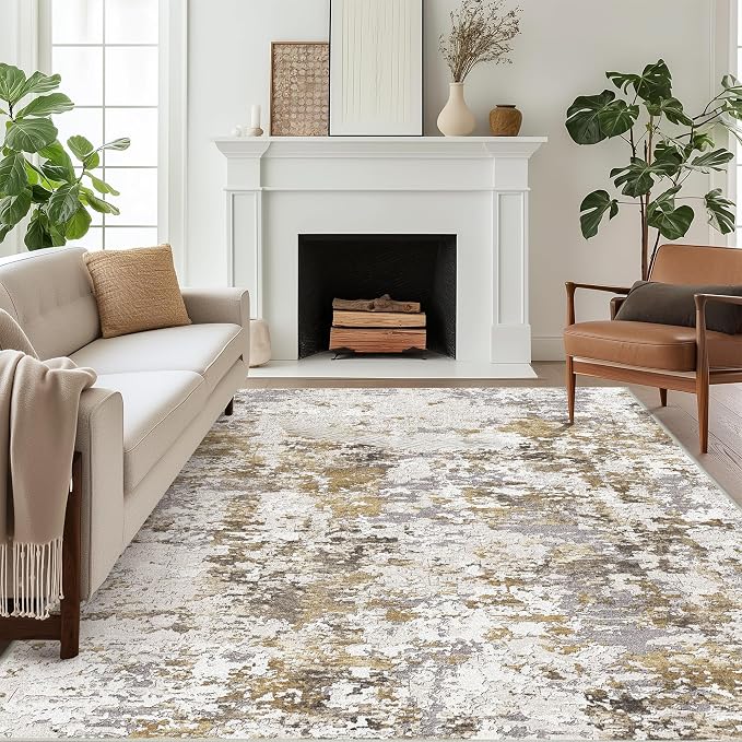 BEIMO Area Rugs 8x10 for Living Room Bedroom, Modern Abstract Machine Washable Rug, Large Soft Low Pile Floor Carpet with Non Slip Backing for Dining Room, Gold Brown