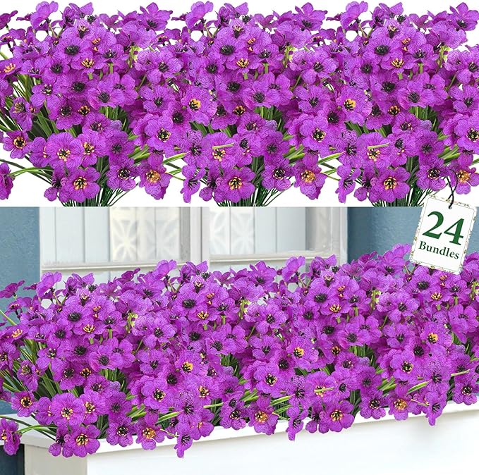 Ouddy Decor 24 Bundles Artificial Flowers for Outdoors Fake Silk Flowers UV Resistant Faux Plastic Plants for Indoor Outdoor Vase Box Garden Porch Window Box Home Spring Summer Decor, Purple