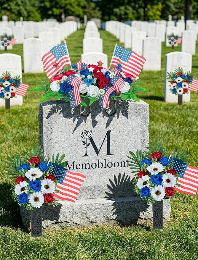 Memorial Day Flowers for Cemetery: 2 Pcs Outdoor Grave 250th Anniversary USA Decorations - Artificial Patriotic Cemetery Flowers for Grave - Red White Blue Roses with American Flags Vase