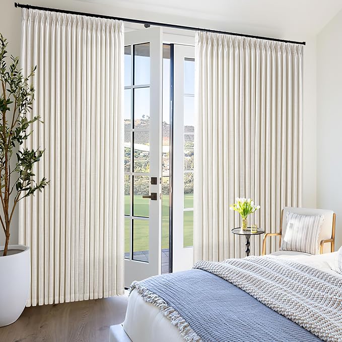 Pinch Pleated Linen 102 Inch Curtains 84 Inch Width for Living Room Divider Light Filtering Semi Sheer Cream Back Tab Extra Wide Patio Curtains for Sliding Door Balcony Floor Ceiling Window 84x102