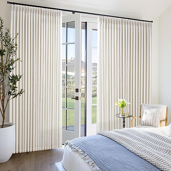 Pinch Pleat 84x96 Inch Linen Curtains for Living Room Divider Custom Pleated Drapes Hooks Rings Light Filtering Cream Ivory Curtain 96 Inch Length for Patio Sliding Door Ceiling Window 84 Inch Width