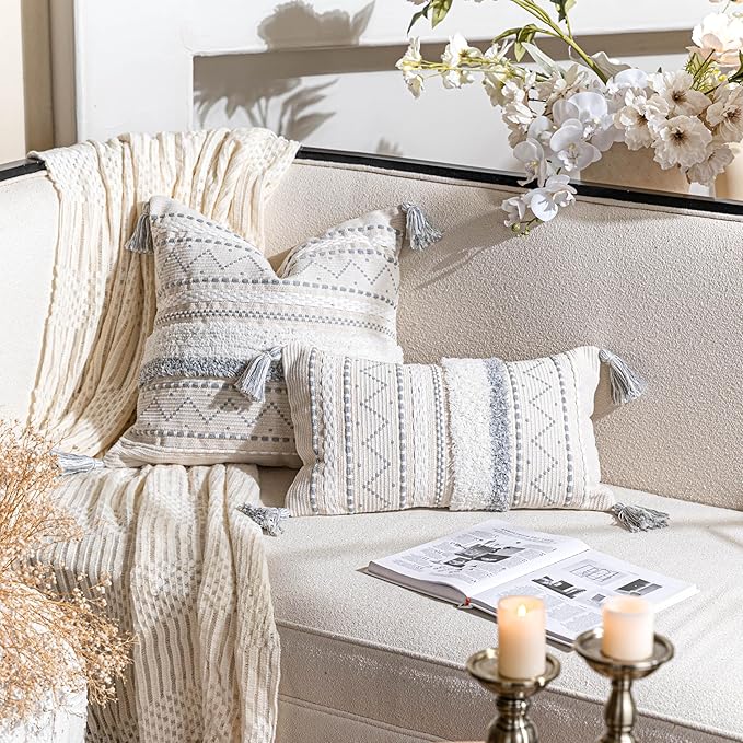 BlissBlush 18X18 Throw Pillow Cover, Cream Neutral Square Decorative Cushion Cover with Gray Pattern, Boho Accent Pillowcase with Tufted Details and Tassels for Couch Sofa Living Room (Cover Only)