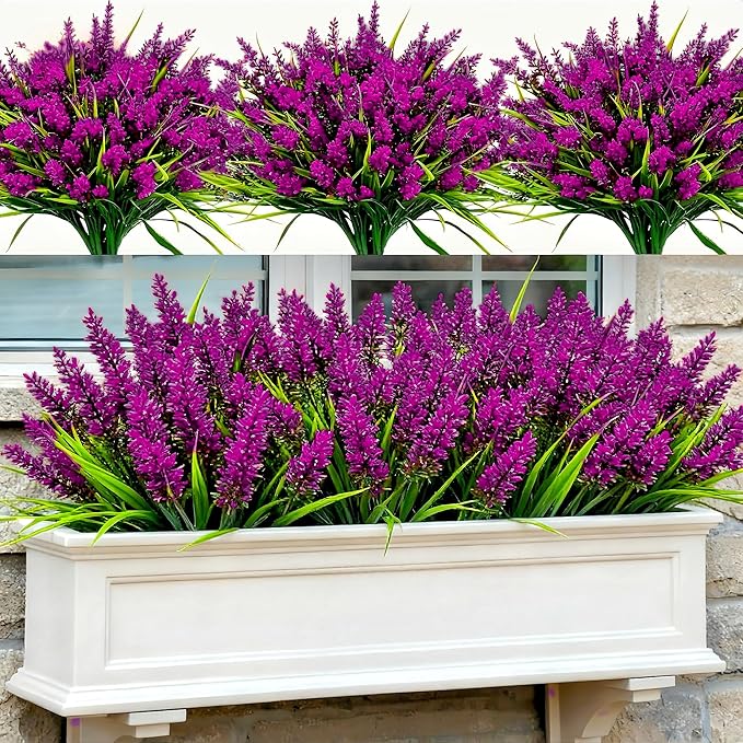 Geegoods Artificial Plants Flowers Outdoor – 24 Bundles UV Resistant Faux Lavender Flowers with Monkey Grass for Garden Porch Window Patio Hanging Planter Decor