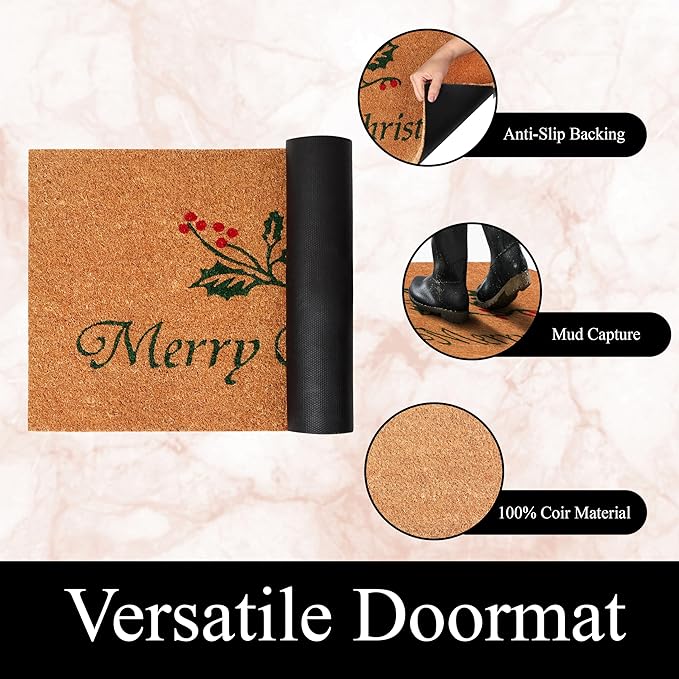 A1HC Natural Coco Coir Door Mat Merry Christmas with Heavy Duty Non-Slip PVC Backing - 18" x 30" - Easy to Clean, Holiday Welcome Mat for Home, Low-Profile Durable Doormat