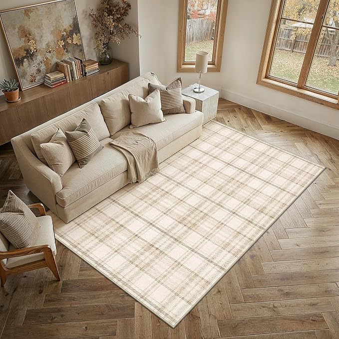 6x9 Beige Area Rug for Living Room Bedroom Machine Washable Low Pile Checkered Carpet Modern Accent Soft Non Slip Rug for Dining Room Nursery Office Indoor