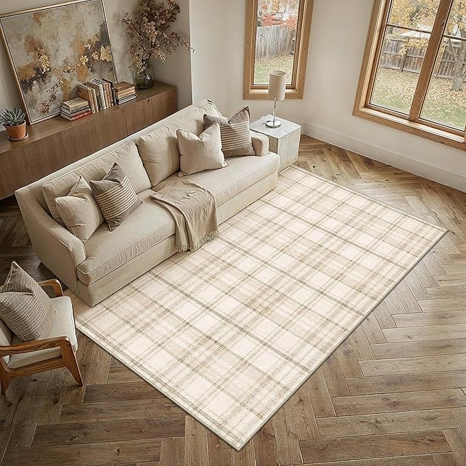 4x6 Beige Area Rug for Living Room Bedroom Machine Washable Low Pile Checkered Carpet Modern Accent Soft Non Slip Rug for Dining Room Nursery Office Indoor
