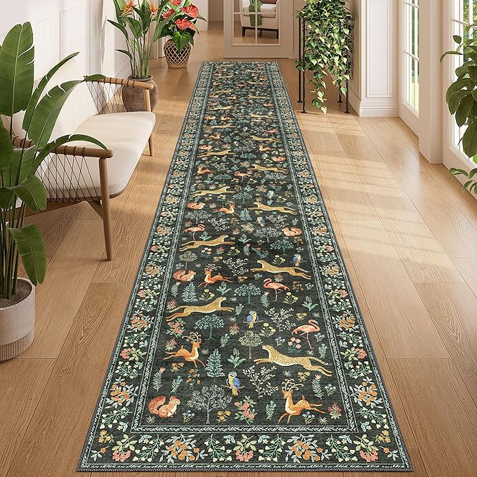 DUKINO 2x12 Washable Runner Rug, Ultra Soft Vintage Animal Runner Rug for Hallway, Lightweight Non Slip & Non Shedding Indoor Loog Carpet for Kitchen, Laundry Room, Bathroom, Bedroom, Entrance, Black