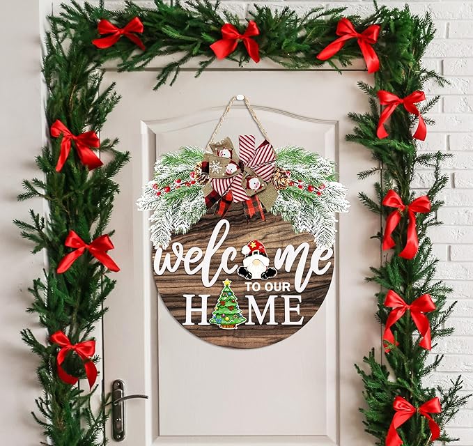 Interchangeable Welcome Sign for Front Door with 4 Seasonal Wreaths 21 Changeable Icons, Farmhouse Rustic Outdoor Welcome Signs Porch, Spring Winter Fall Decorations for Home House Warming Gifts