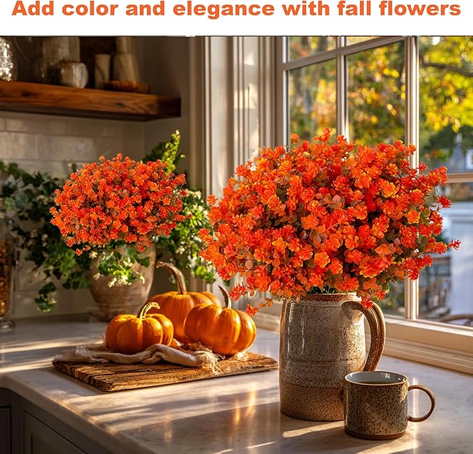 AXYLEX Artificial Fall Flowers Outdoor Fake Mums - 12 Bundles Fake Plants UV Resistant No Fade Faux Plastic Greenery Garden Porch Patio Fall Home Decor(OrangeGreen)