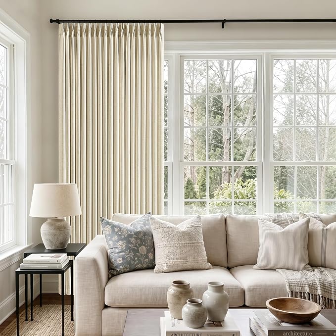 70 Inch Wide Pleated Curtains 1 Panel for Living Room Bedroom Farmhouse Memory Training Semi Sheer Pinch Pleat Door Curtains with Back Tab Cream Beige Thick Linen Drapes for Patio Balcony 70x102