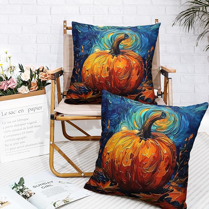 Fall Van Gogh Pillow Covers 16x16 Set of 2 Autumn Pumpkin Under Starry Night Throw Pillow Covers Oil Painting Pillowcase Cushion Case for Home Decor Patio Outdoor Sofa