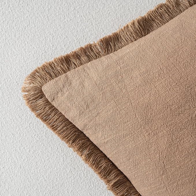 MIULEE Decorative Throw Pillow Covers Neutral Linen Fringe Throw Pillows Set of 2 Brown Boho Farmhouse Cushion Covers with Tassels for Couch Sofa Bed Living Room Fall Home Decor 18x18 Inch