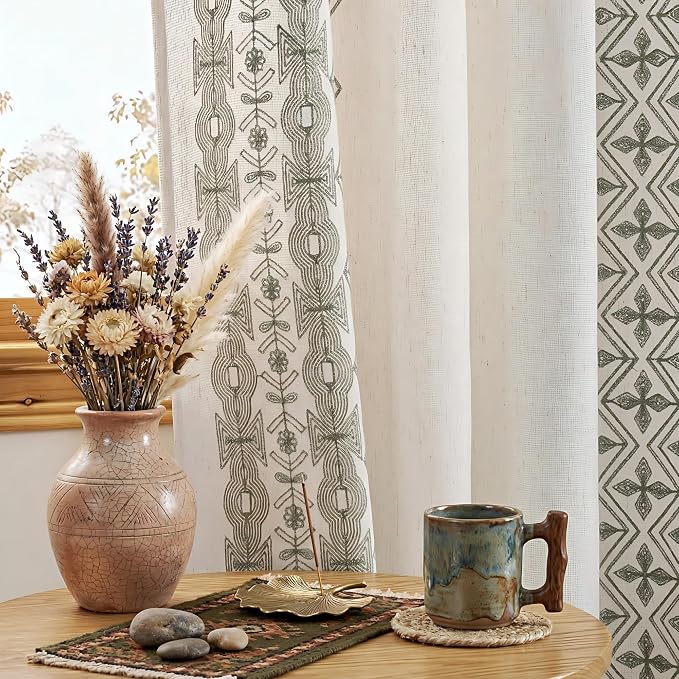 NICETOWN Sage Green Floral Embroidered Linen Curtains 84 inch Long - Gorgeous Drapes for Airy Living Room, Boho Style Bronze Grommet Heavy Linen Beautiful Home Decoration, W52 x L84, 2 Pcs