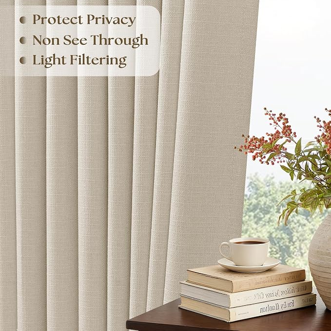 Beige Oatmeal Linen Pinch Pleated Curtains 90 Inch Length 2 Panels Set for Living Room Pinch Pleat Curtains with Back Tab Light Filtering Semi Sheer Drapes for Bedroom Dining Room Window 40x90