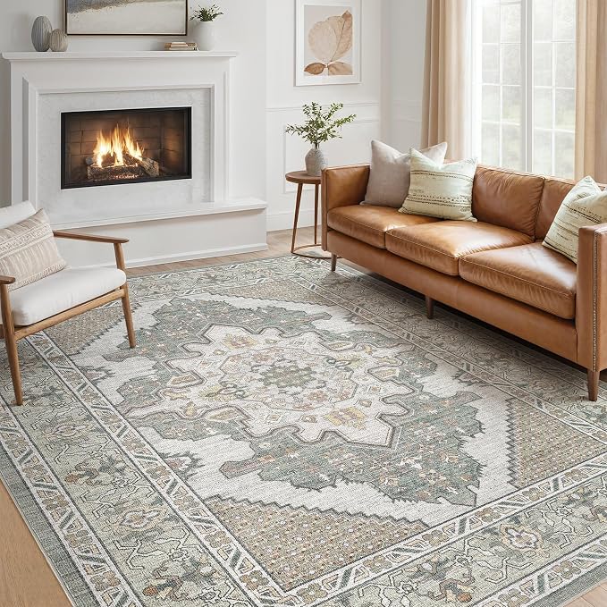 Tortania Area Rug Living Room Rugs - 6x8 Washable Boho Rug Vintage Oriental Distressed Farmhouse Large Thin Indoor Carpet for Living Room Bedroom Under Dining Table Home Office - Sage Green